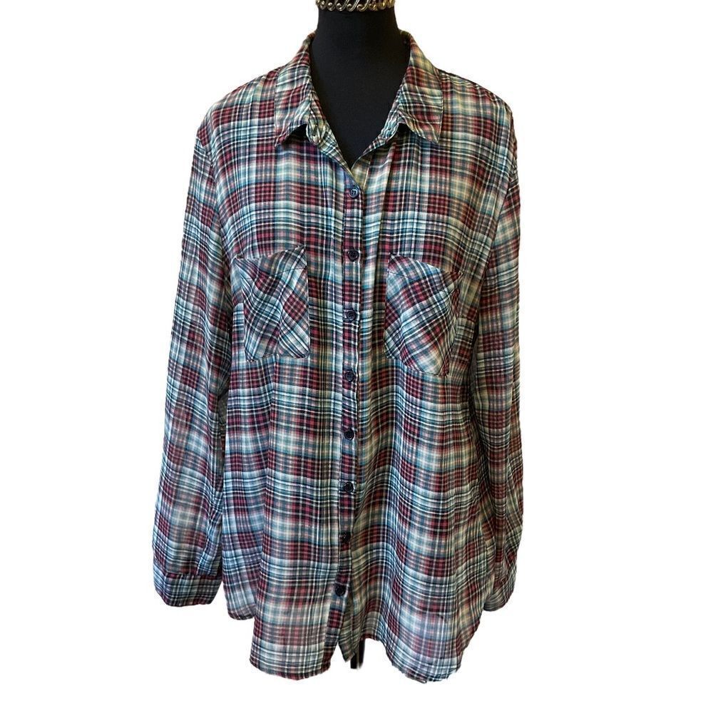 Xhilaration long sleeve plaid button front high/Low woman's shirt size L
